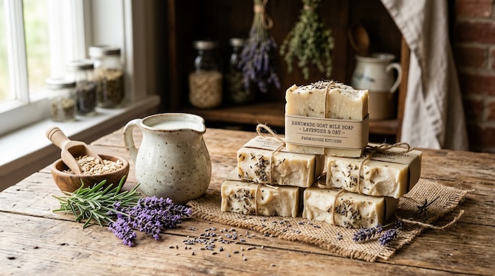 handmade goat milk soap on counter in off grid home