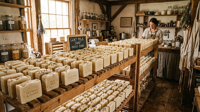 rows of goat milk soap curing on racks