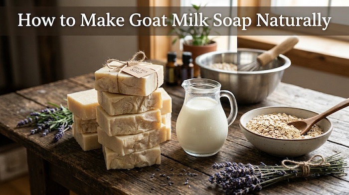 Goat milk soap with a jug of goat milk beside it