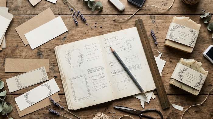 Designing handmade soap labels with clear and responsible environmental information.