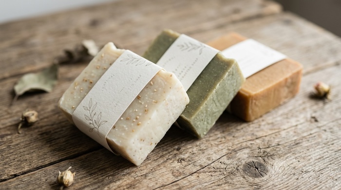 Handmade soap labels with simple botanical designs and natural styling.