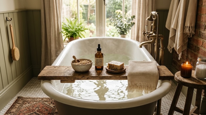 cozy bathroom with a nice tub with steaming water