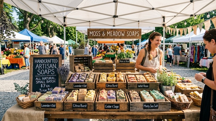 Selling soap at a farmer's market