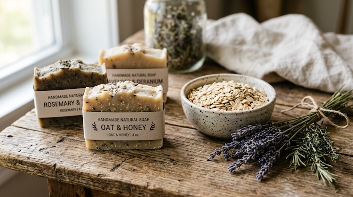 handmade soap bars on a rustic shelf with lavender