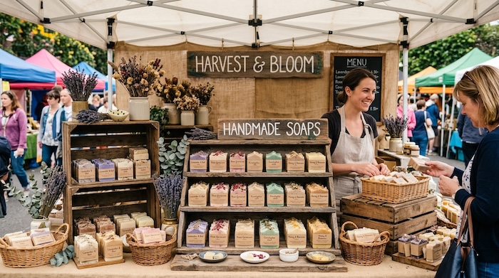 handmade soap displays at a farmers market