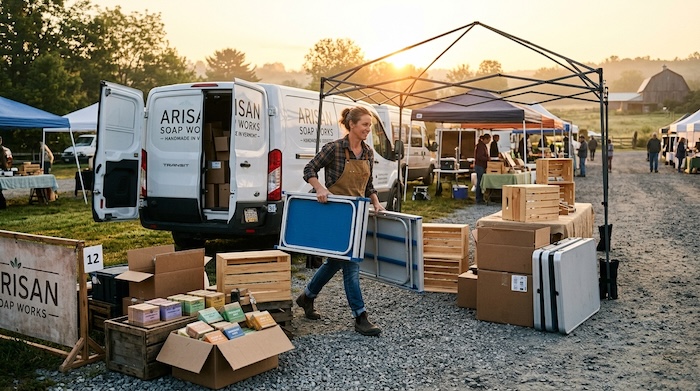 unloading soap supplies at a farmer's market