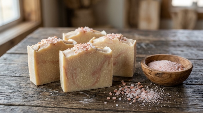 Handmade Himalayan pink salt soap bars with decorative pink salt crystals beside a wooden bowl of Himalayan salt.