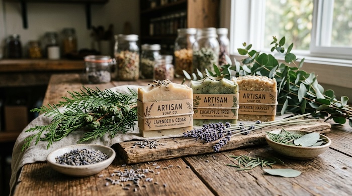 artisan soap surrounded by cedar branches