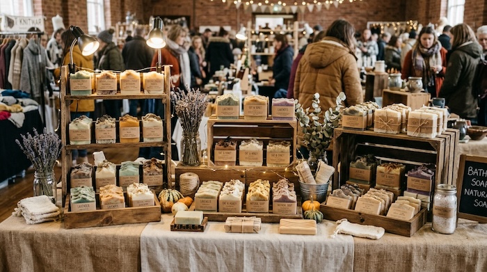 Handmade soap display at an indoor craft fair with natural soap bars and wooden shelves.