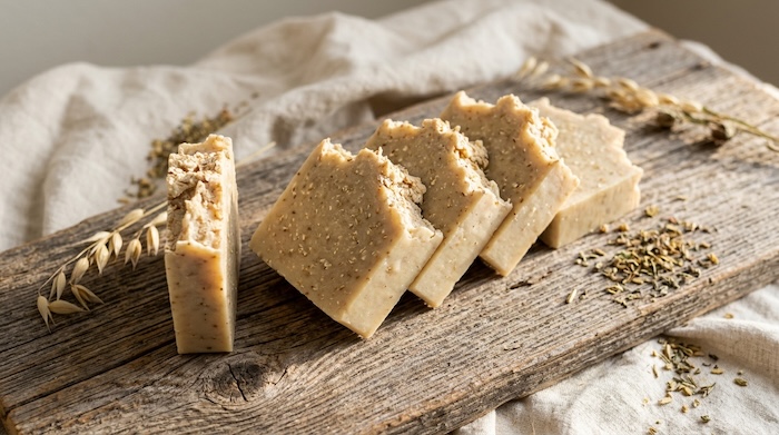 Rustic handmade hot process soap bars with textured tops.