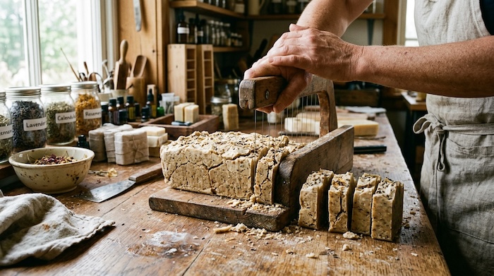 cracked soap being cut on table