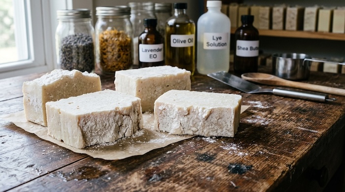 crumbled soap bars on table with soap making supplies