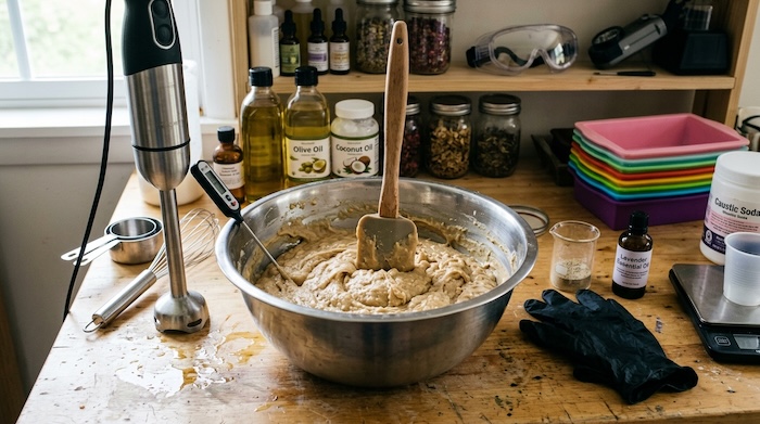 thick soap batter in stainless steel bowl