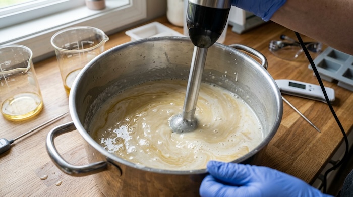 soap batter being blended in stainless bowl showing oils