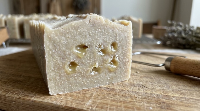cut soap showing lye pockets