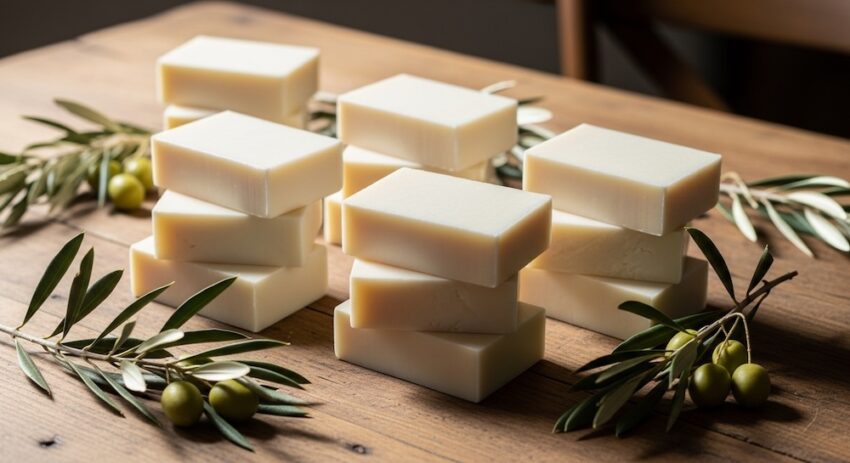 100 percent olive oil Castile soap bars on rustic wooden table with olives and branches
