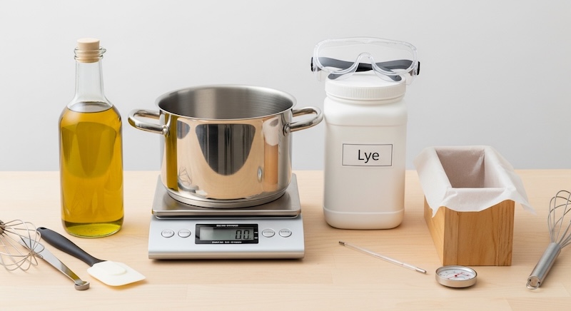 Cold process soap making setup for making olive oil Castile soap