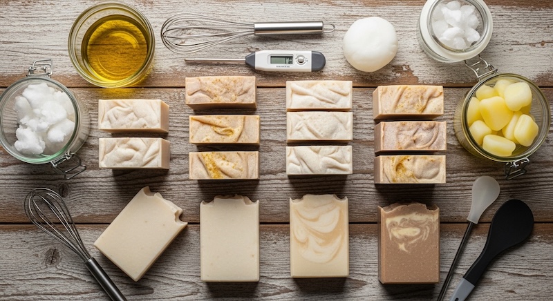 Handmade cold process soap bars made using basic soap recipes with olive oil and coconut oil