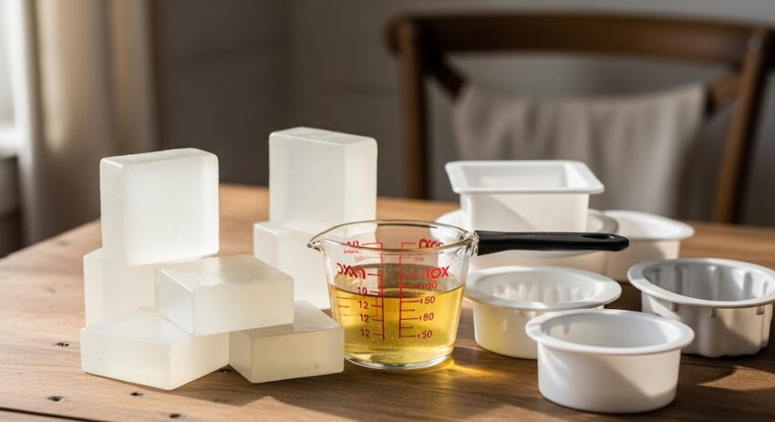 Clear and white melt and pour soap base blocks with melted soap in a glass measuring cup ready to pour into molds.