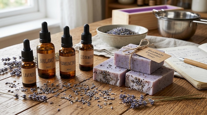 Amber glass bottles with soap beside them