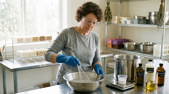 Soapmaker mixing soap batter wearing protective gear