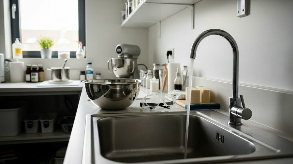 Emergency sink setup for flushing lye from skin