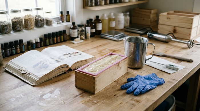 Soap-making reference book beside soap molds and equipment used for making handmade soap.