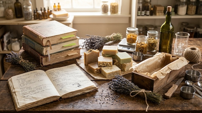 Favourite soap-making books displayed with handmade natural soap and soap-making supplies.