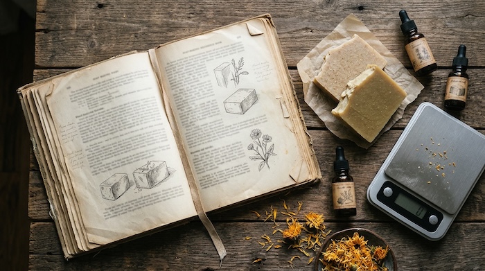 Well-used soap-making reference book surrounded by oils, dried herbs, and handmade soap.