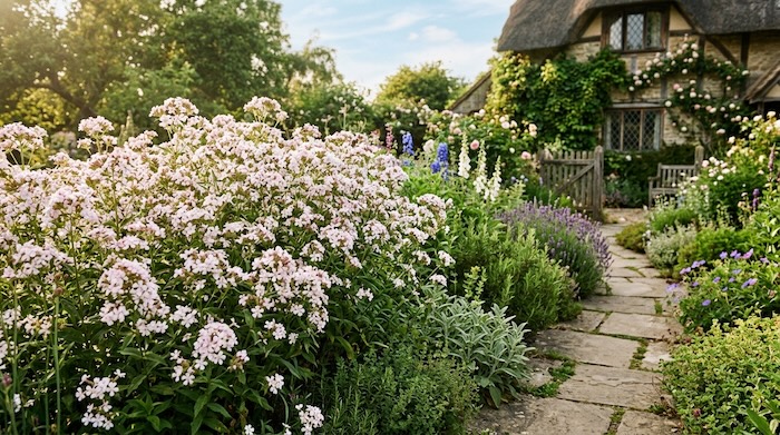 blooming soapwort in garden
