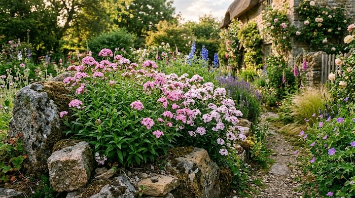 soapwort flowers blooming in a rock garden