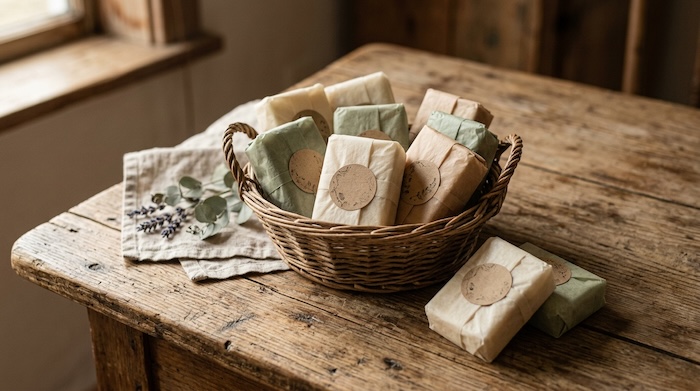 Handmade guest soaps wrapped in tissue paper with round kraft labels