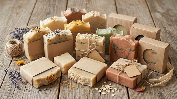 Handmade soap bars on a table