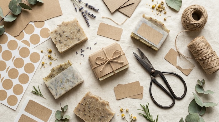 Printable kraft sticker labels for handmade soap packaging.