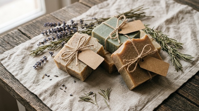 Handmade natural soap wrapped with twine and kraft paper gift tags.
