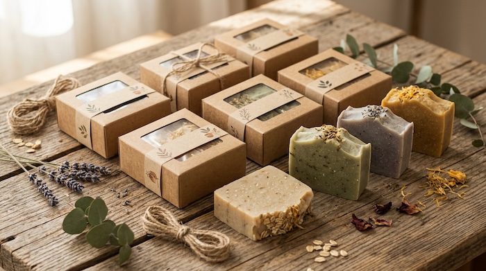 Kraft cardboard soap boxes with windows for packaging handmade soap.