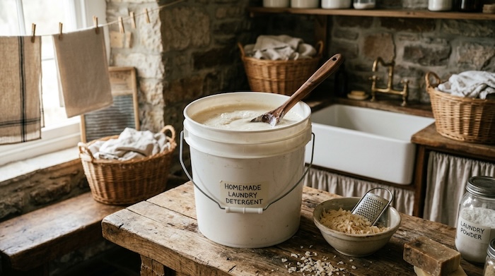 bucket filled with handmade liquid laundry soap