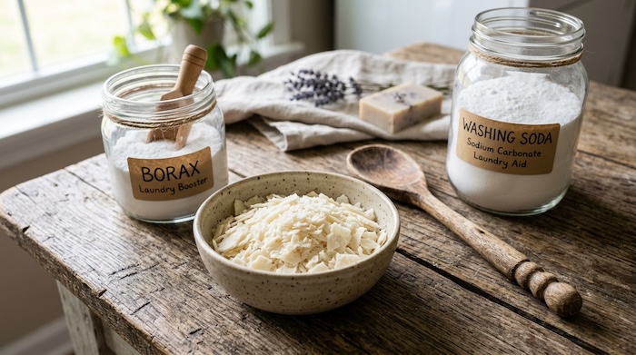 grated soap, borax and washing soda, ready to make laundry soap