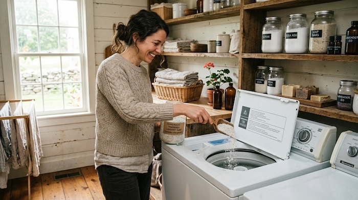 women pouring homemade laundry soap in washing machine