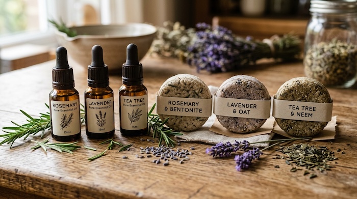 amber bottles with rosemary, lavender and teatree essential oil beside handmade soap