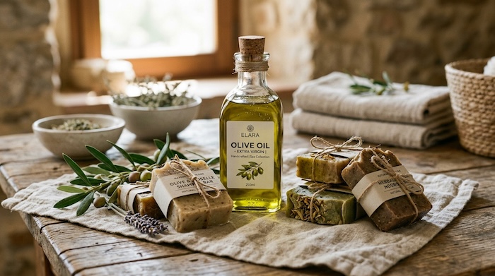 Glass bottle of olive oil beside handmade soap