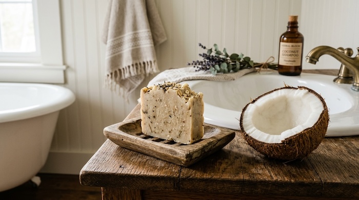 A rustic shampoo bar with a half coconut sitting beside it