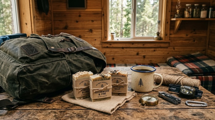 shampoo bars beside a backpack ready to go camping or hiking