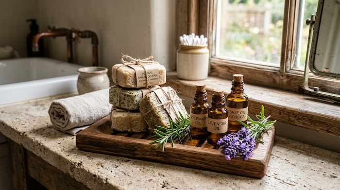 rustic shampoo bars stacked beside amber essential oil bottles