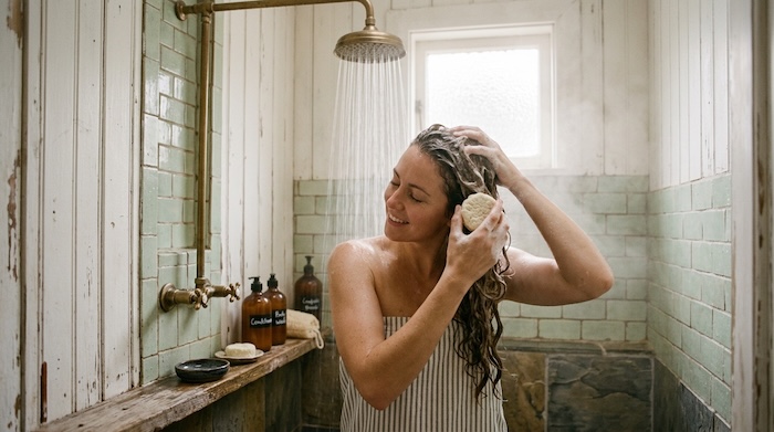 women washing hair with shampoo bar