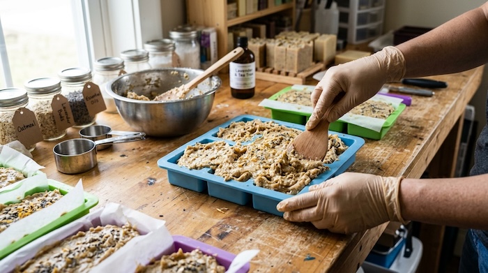 soap maker pressing soap scraps into a mold