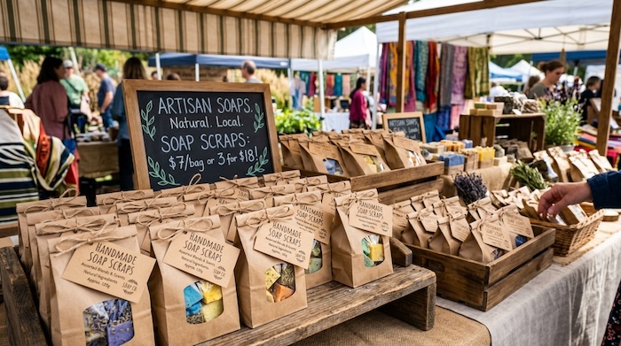 assorted bags of soap scraps in bags being sold at a farmers market