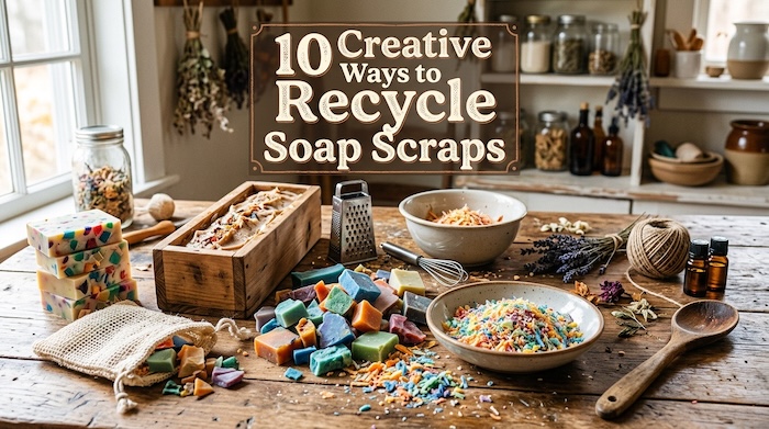 Colorful handmade soap scraps and recycled soap projects including confetti soap, rebatched bars, and soap saver bags.