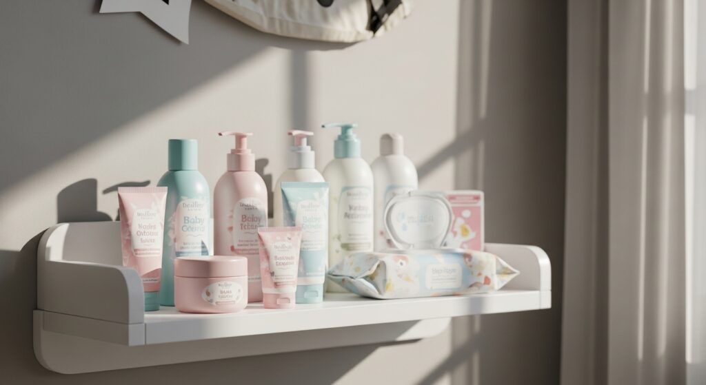 Natural baby skincare routine in a calm nursery setting