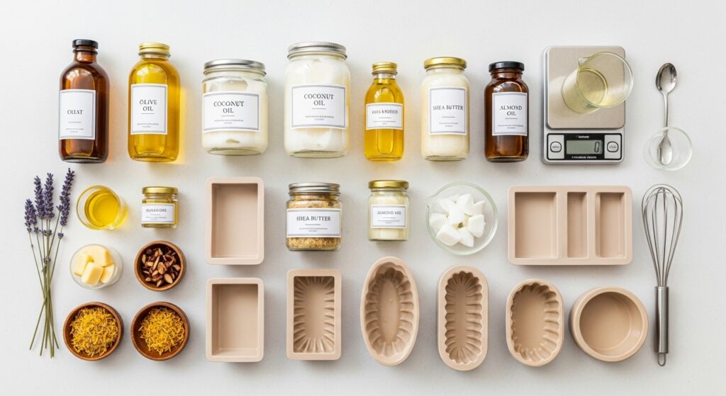 Soap-making ingredients used in a gentle dog shampoo bar recipe